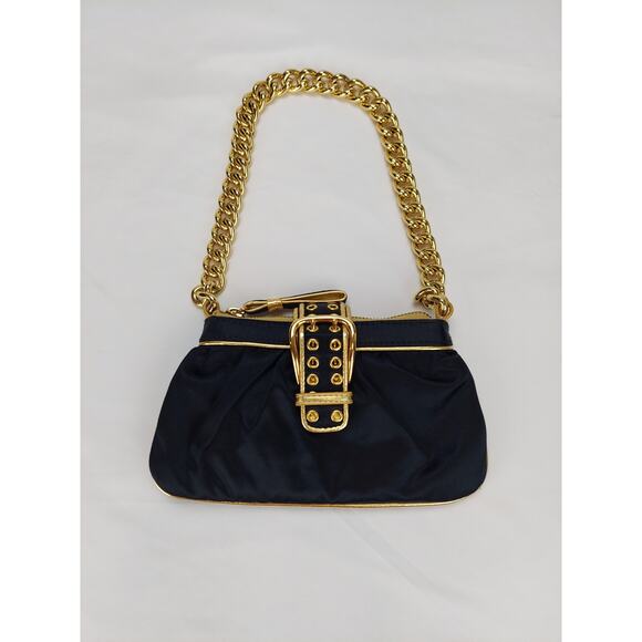 Nine West Y2K Black With Gold Chain Small Silk Cocktail Evening Handbag Purse - Picture 1 of 8